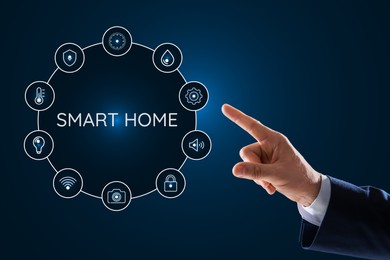 Man using digital screen with Smart Home interface on dark blue background, closeup