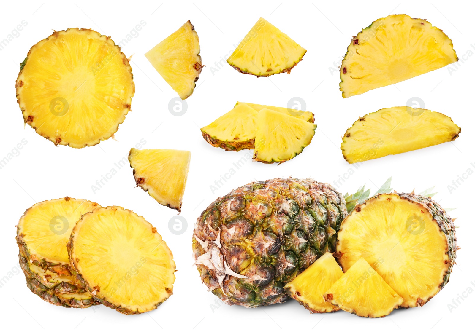 Image of Set with cut and whole pineapples isolated on white