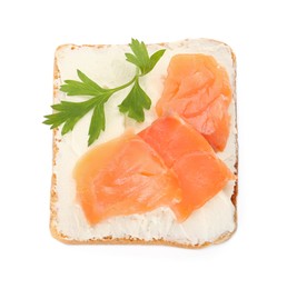 Delicious sandwich with cream cheese, salmon and parsley isolated on white, top view