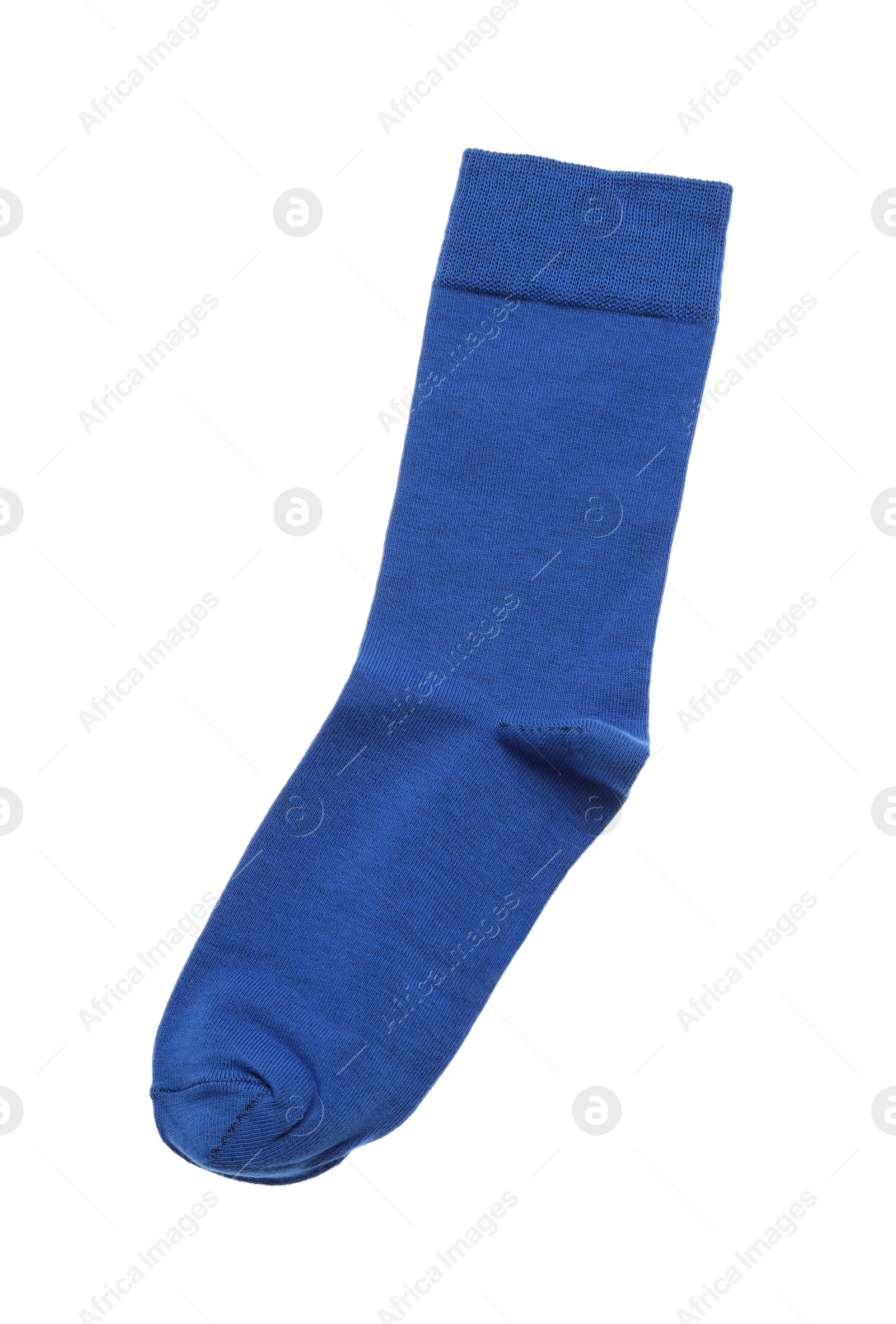 Photo of Blue sock isolated on white, top view