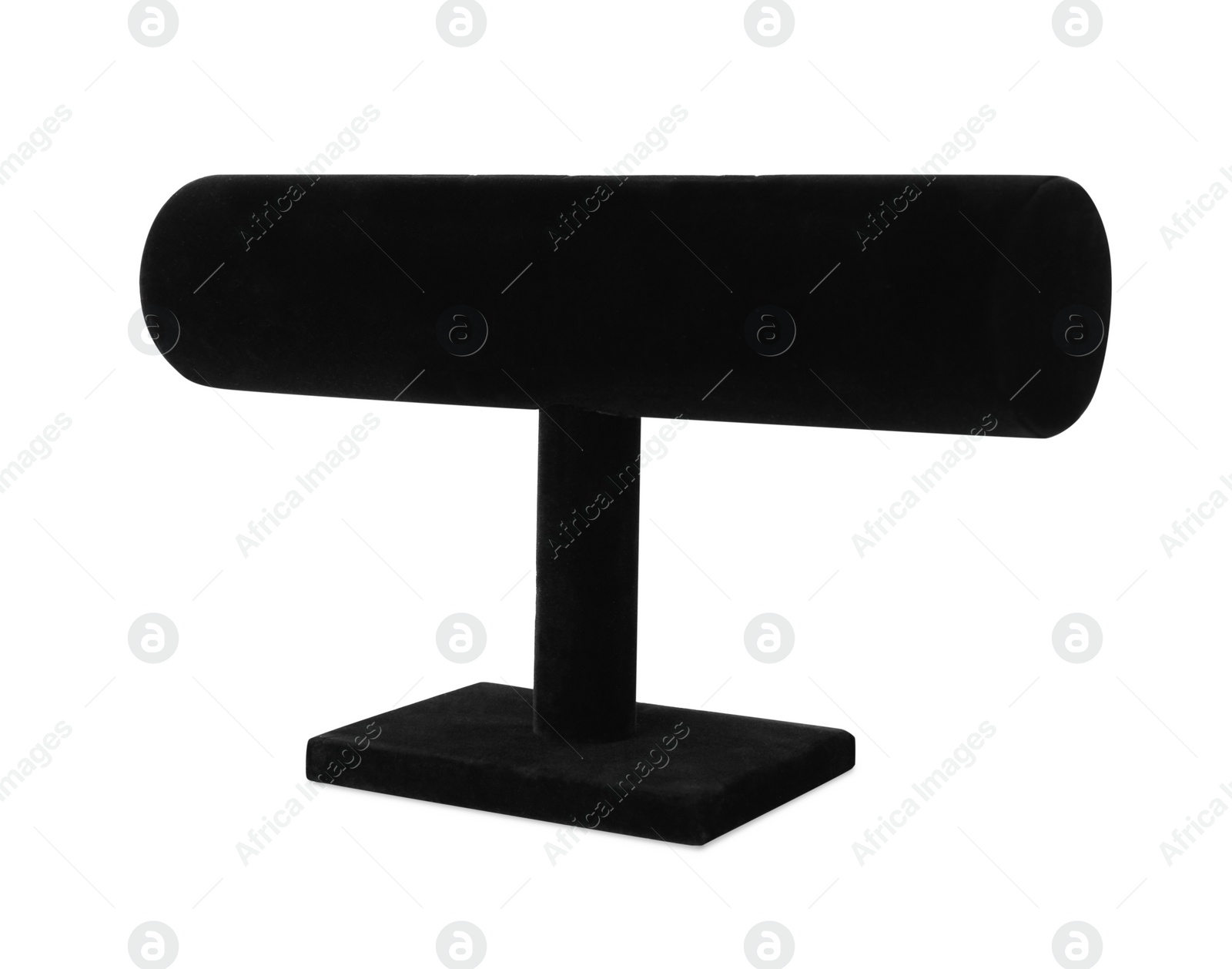 Photo of Empty black velvet t-bar jewelry stand isolated on white