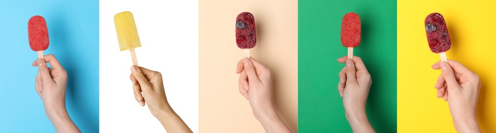 Image of Collage with photos of woman holding tasty fruit ice pops on different color backgrounds. Banner design