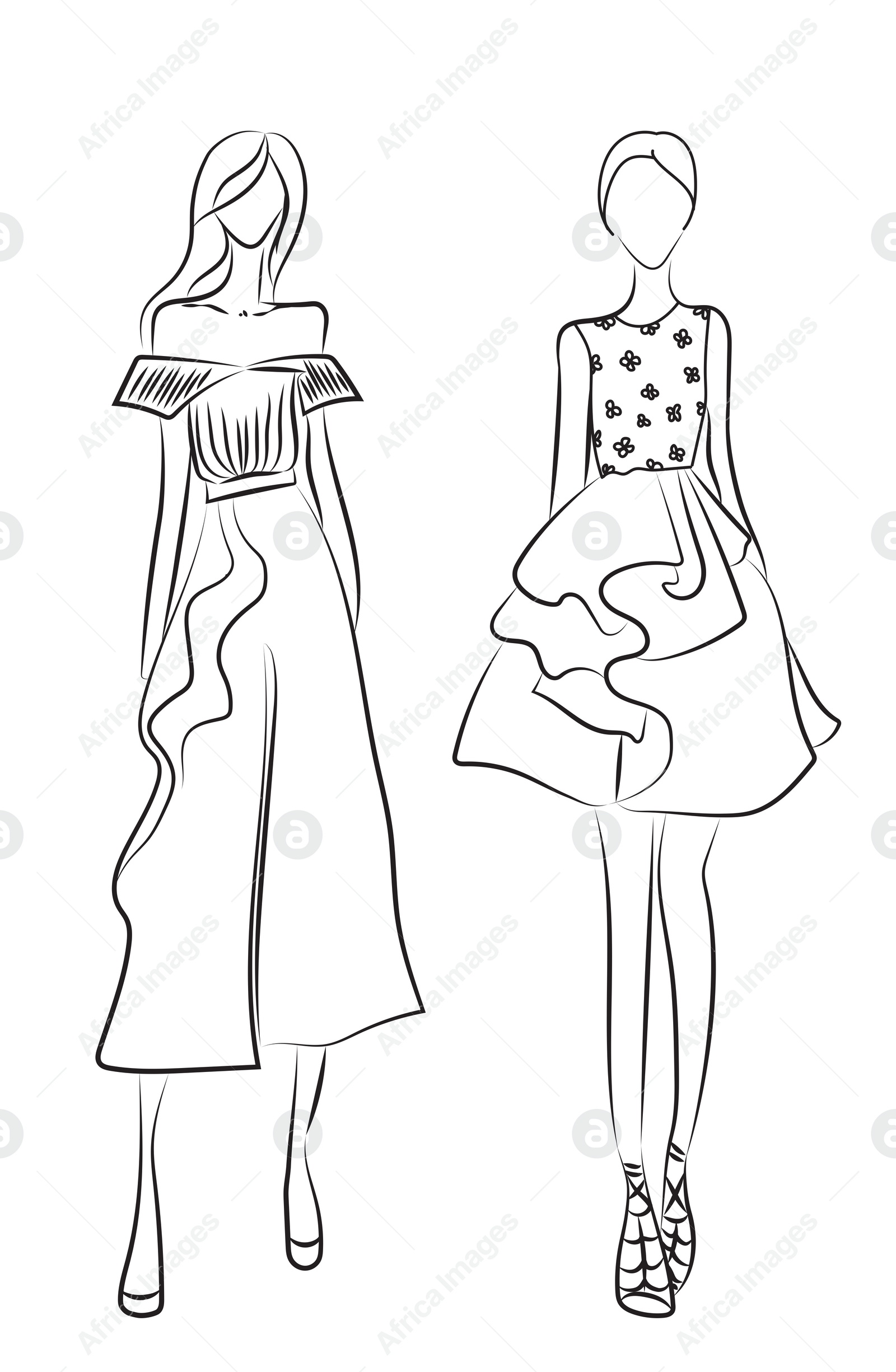 Illustration of Fashion sketch. Models wearing stylish clothes on white background, illustration