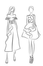 Fashion sketch. Models wearing stylish clothes on white background, illustration