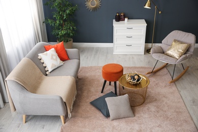 Photo of Cozy living room interior inspired by autumn colors, above view