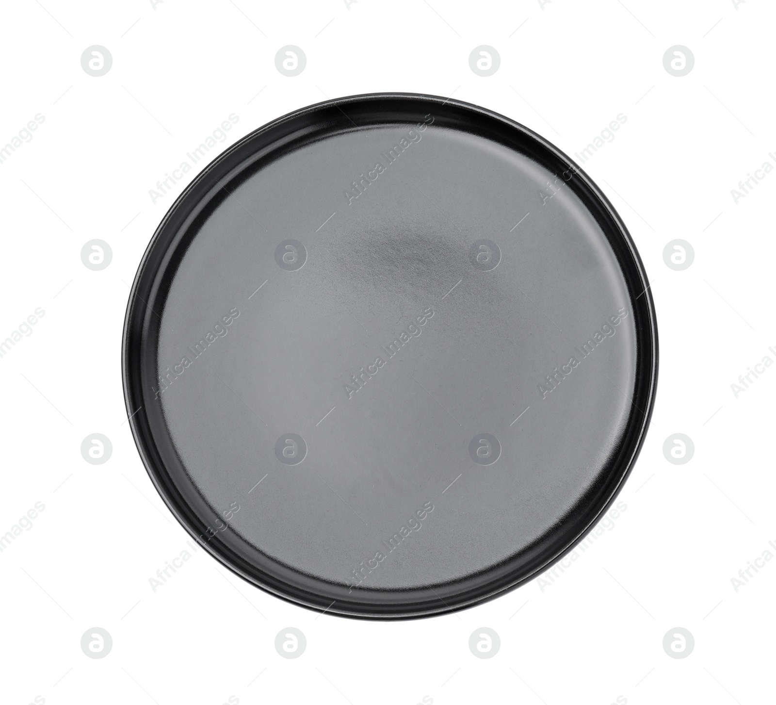 Photo of One black ceramic plate isolated on white, top view. Cooking utensil