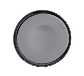 Photo of One black ceramic plate isolated on white, top view. Cooking utensil