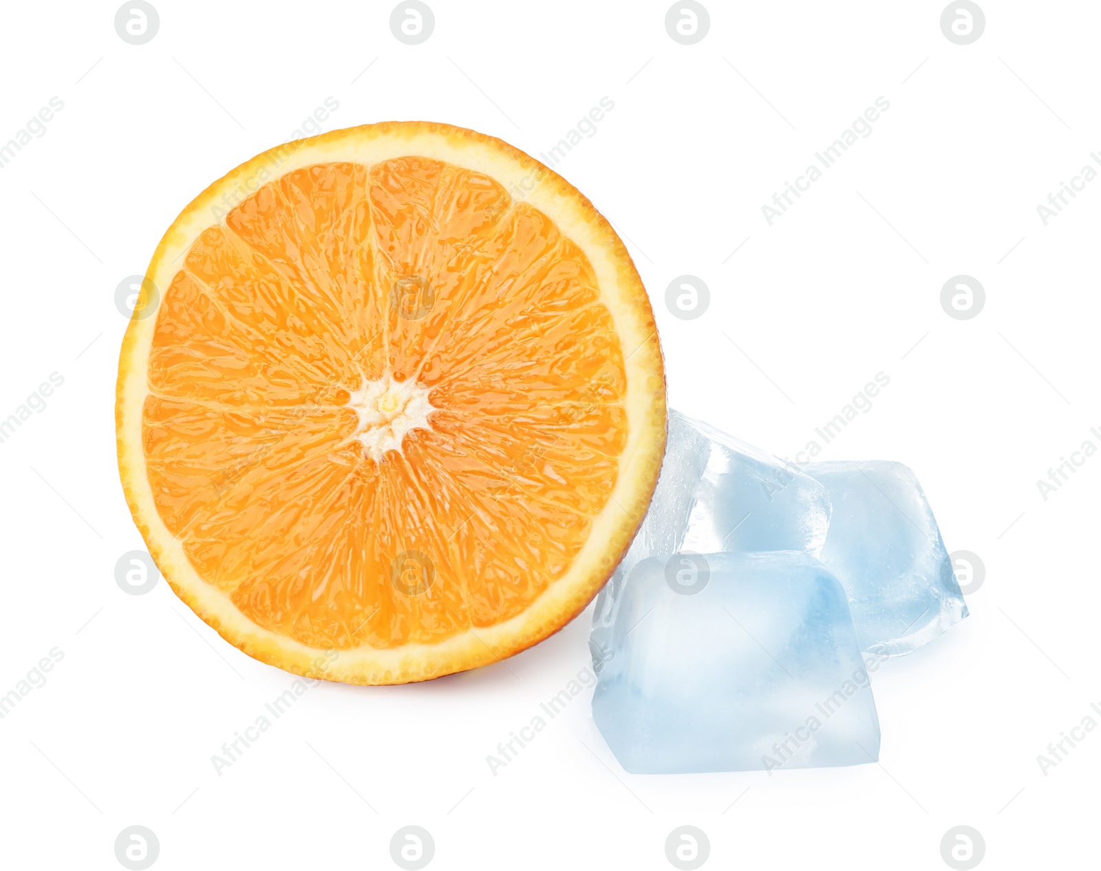 Photo of Ice cubes and orange on white background