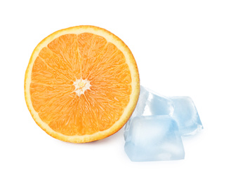 Photo of Ice cubes and orange on white background