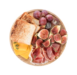 Delicious ripe figs, prosciutto and cheese on white background, top view