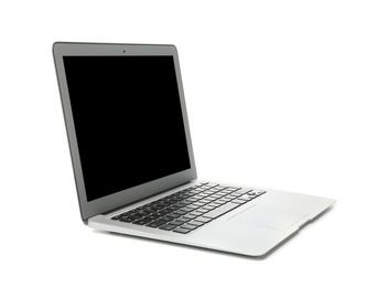 Photo of Laptop with blank screen on white background. Modern technology