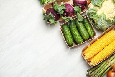 Photo of Flat lay composition with fresh vegetables and space for text on light background