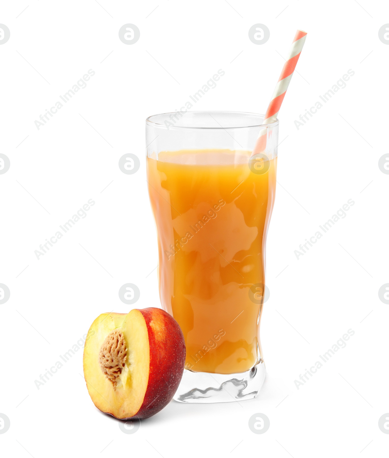 Photo of Delicious refreshing peach cocktail in glass and fresh fruit on white background