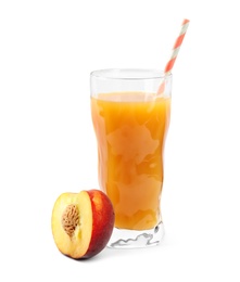 Photo of Delicious refreshing peach cocktail in glass and fresh fruit on white background