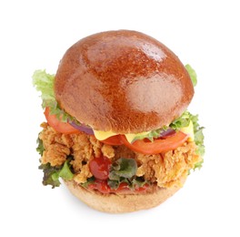 Delicious burger with crispy chicken patty isolated on white