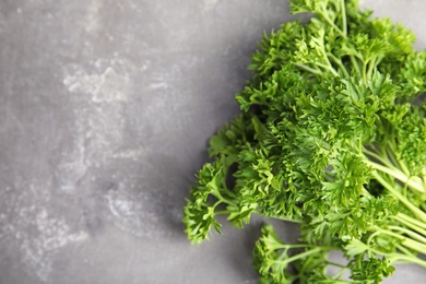 Photo of Fresh green parsley and space for text on grey background, closeup