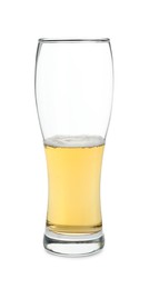 Photo of Half full glass of cold beer isolated on white