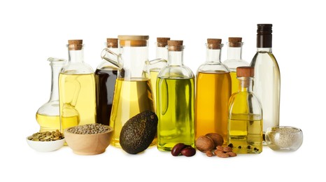 Photo of Vegetable fats. Different cooking oils and ingredients isolated on white