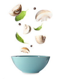 Image of Fresh mushrooms, basil and peppercorns falling into bowl on white background