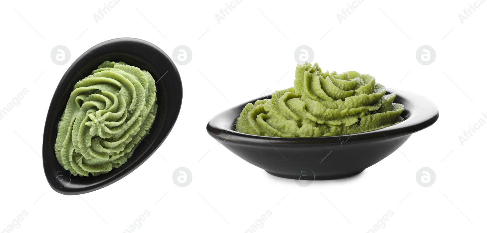 Image of Bowls with spicy wasabi paste on white background. Banner design