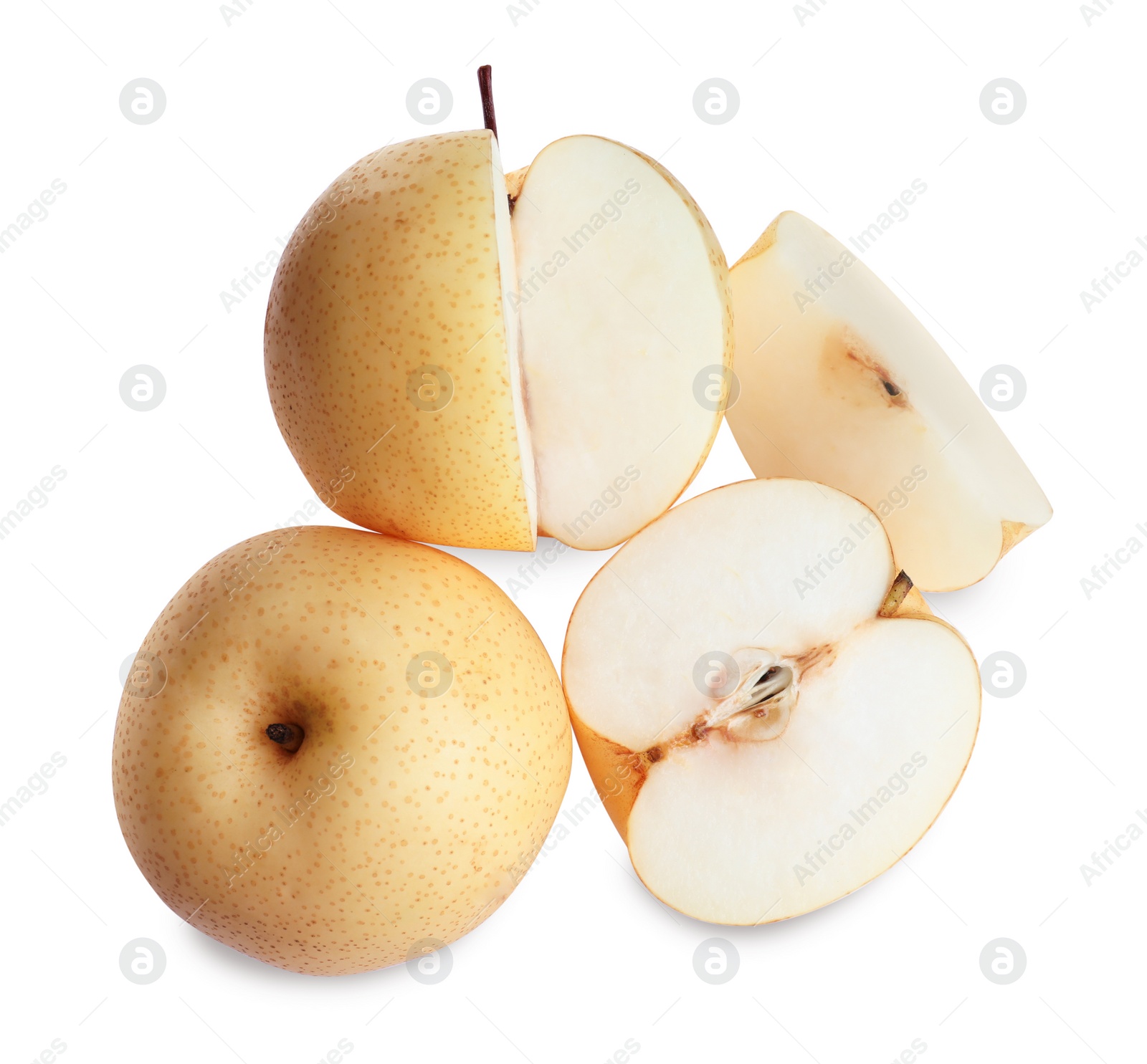 Photo of Cut and whole fresh apple pears on white background, top view