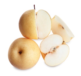 Cut and whole fresh apple pears on white background, top view