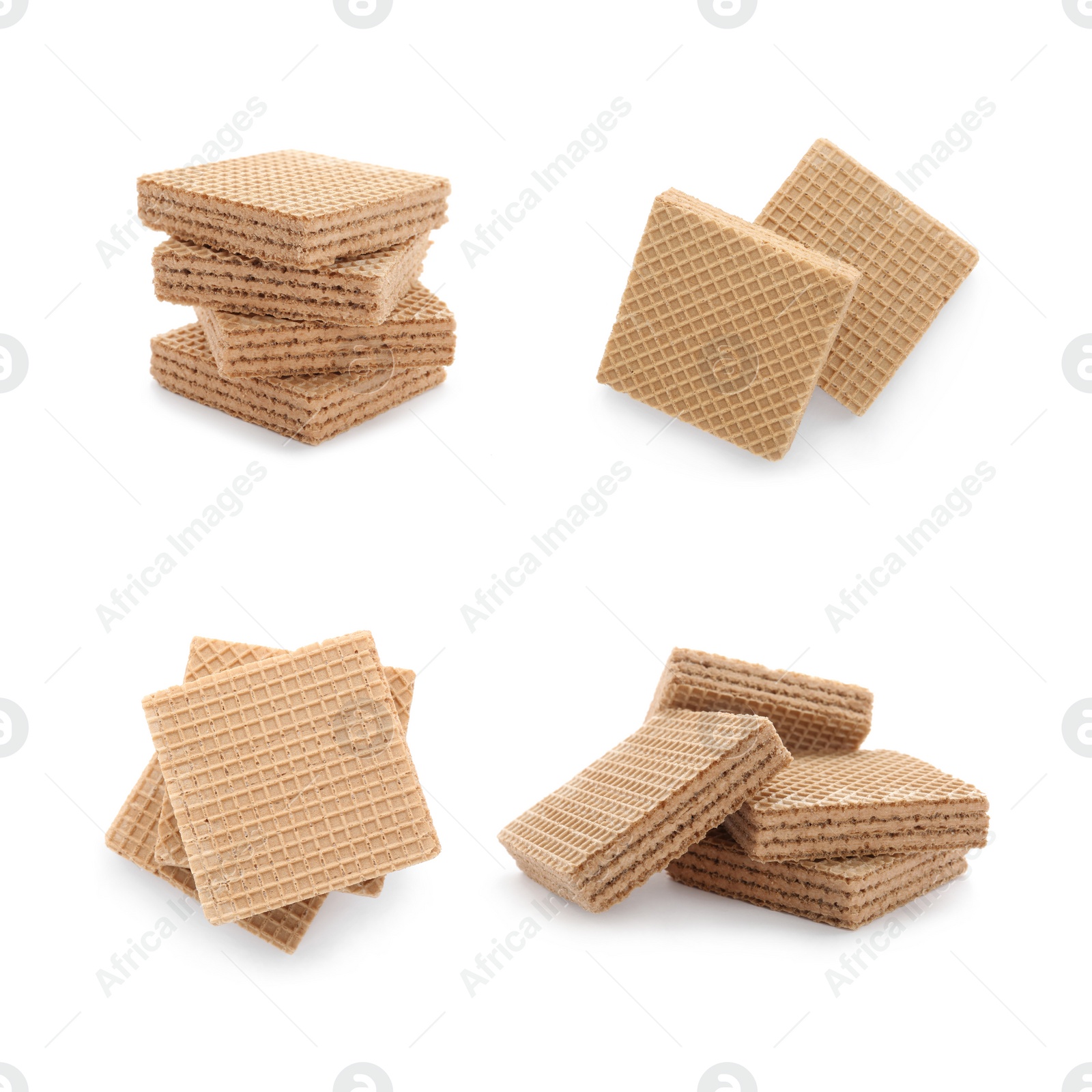 Image of Set of delicious crispy wafers on white background. Sweet food