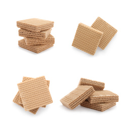 Image of Set of delicious crispy wafers on white background. Sweet food