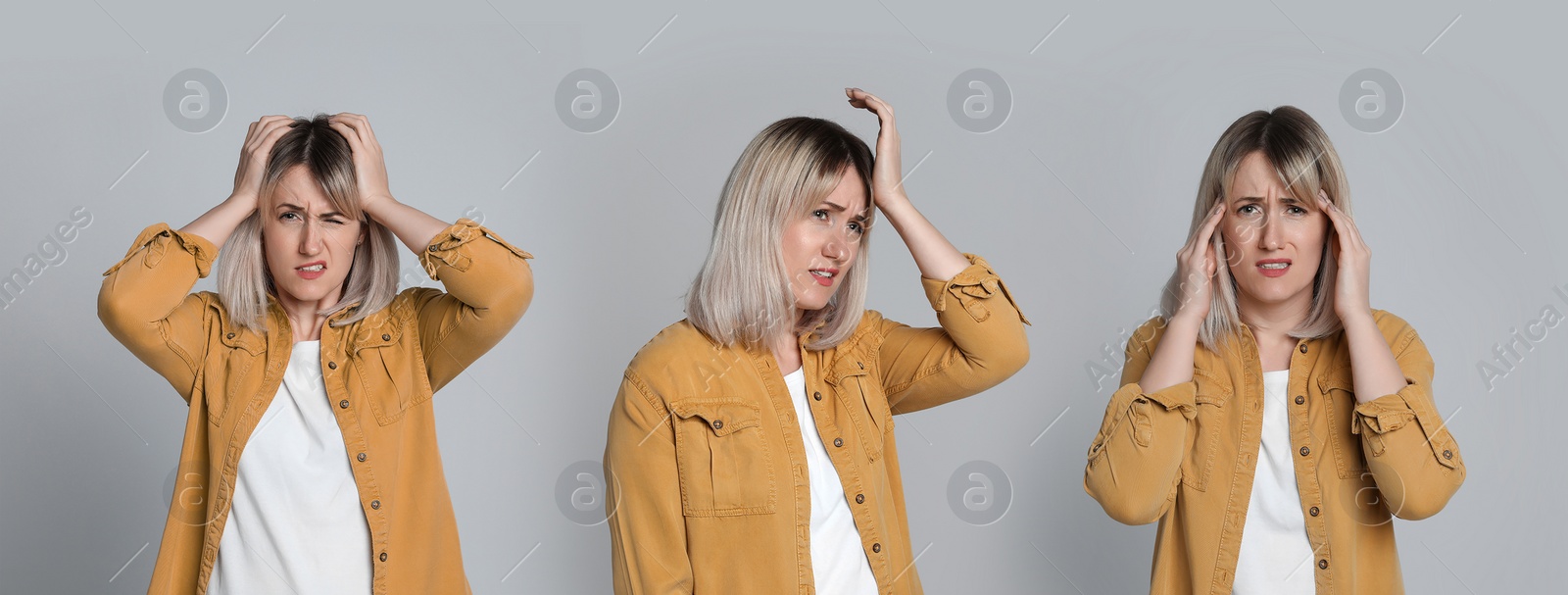Image of Collage with photos of woman suffering from headache on light grey background. Banner design