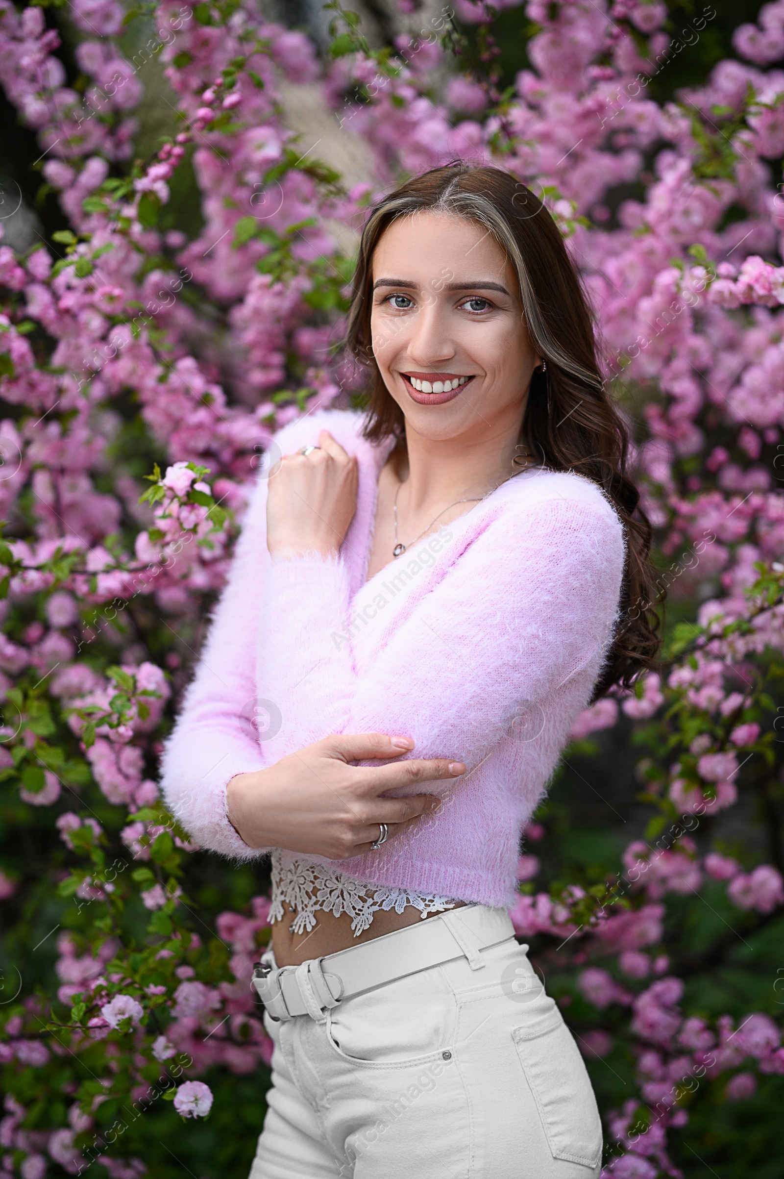 Photo of Beautiful young woman near blossoming sakura tree on spring day