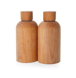 Photo of New stylish wooden bottles isolated on white