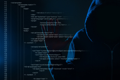 Hacker using digital code on virtual screen in darkness. Cyber crime concept