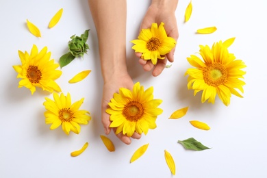 Photo of Woman holding beautiful sunflowers on white background, top view