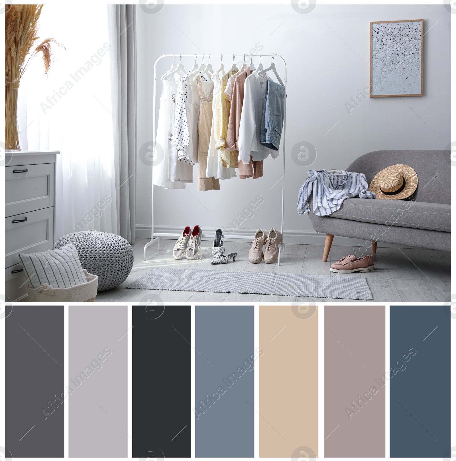 Image of Color palette appropriate to photo of stylish women's clothes on rack in room