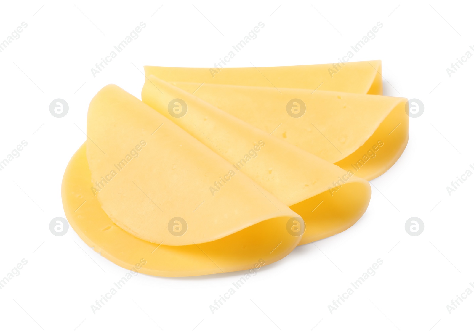 Photo of Slices of tasty fresh cheese isolated on white