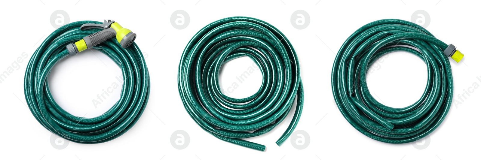 Image of Set with green rubber watering hoses on white background, top view. Banner design