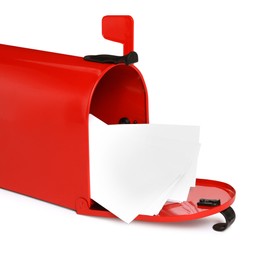 Photo of Red letter box with envelopes on white background