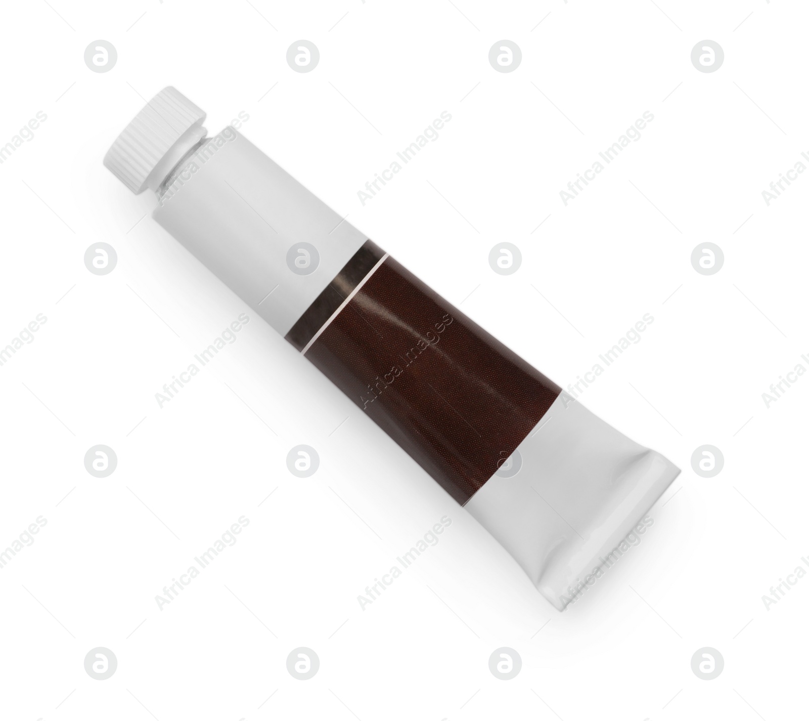 Photo of Tube with oil paint on white background, top view