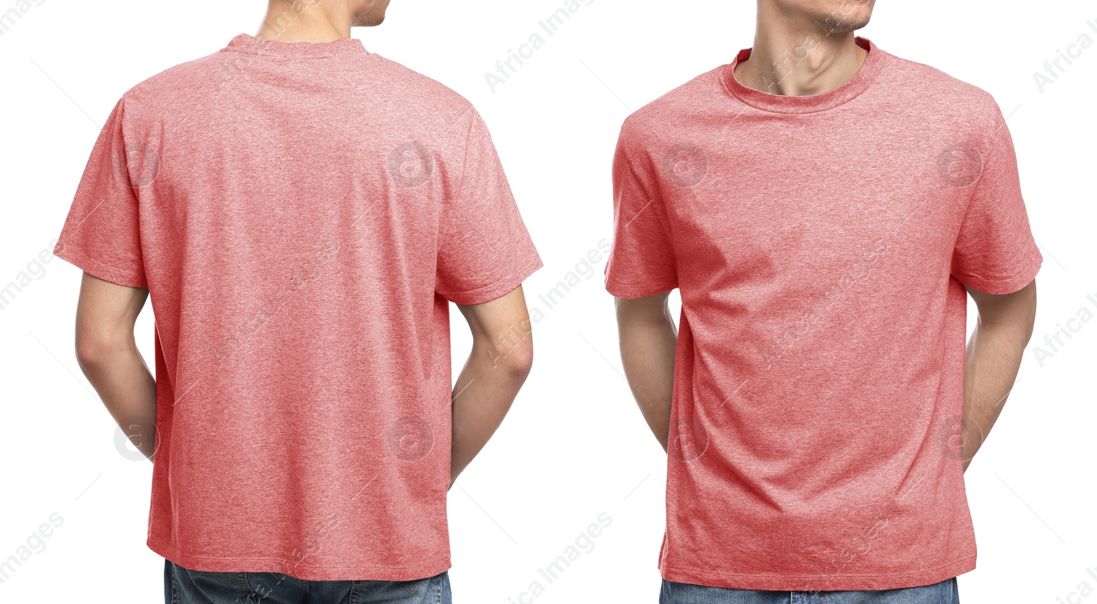 Image of Collage with photos of man in coral t-shirt on white background, closeup. Back and front views for mockup design