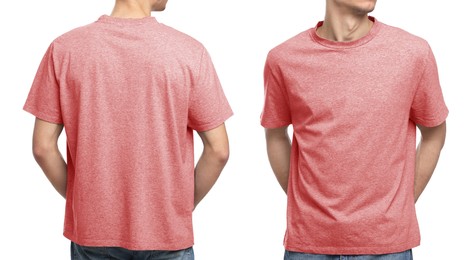 Collage with photos of man in coral t-shirt on white background, closeup. Back and front views for mockup design