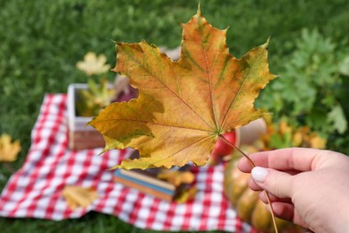 Photo of Woman holding yellow maple leaf outdoors, closeup. Autumn season