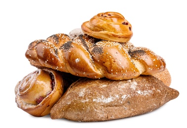 Photo of Fresh bread and pastries on white background