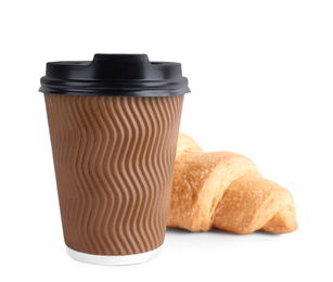 Fresh croissant and drink on white background