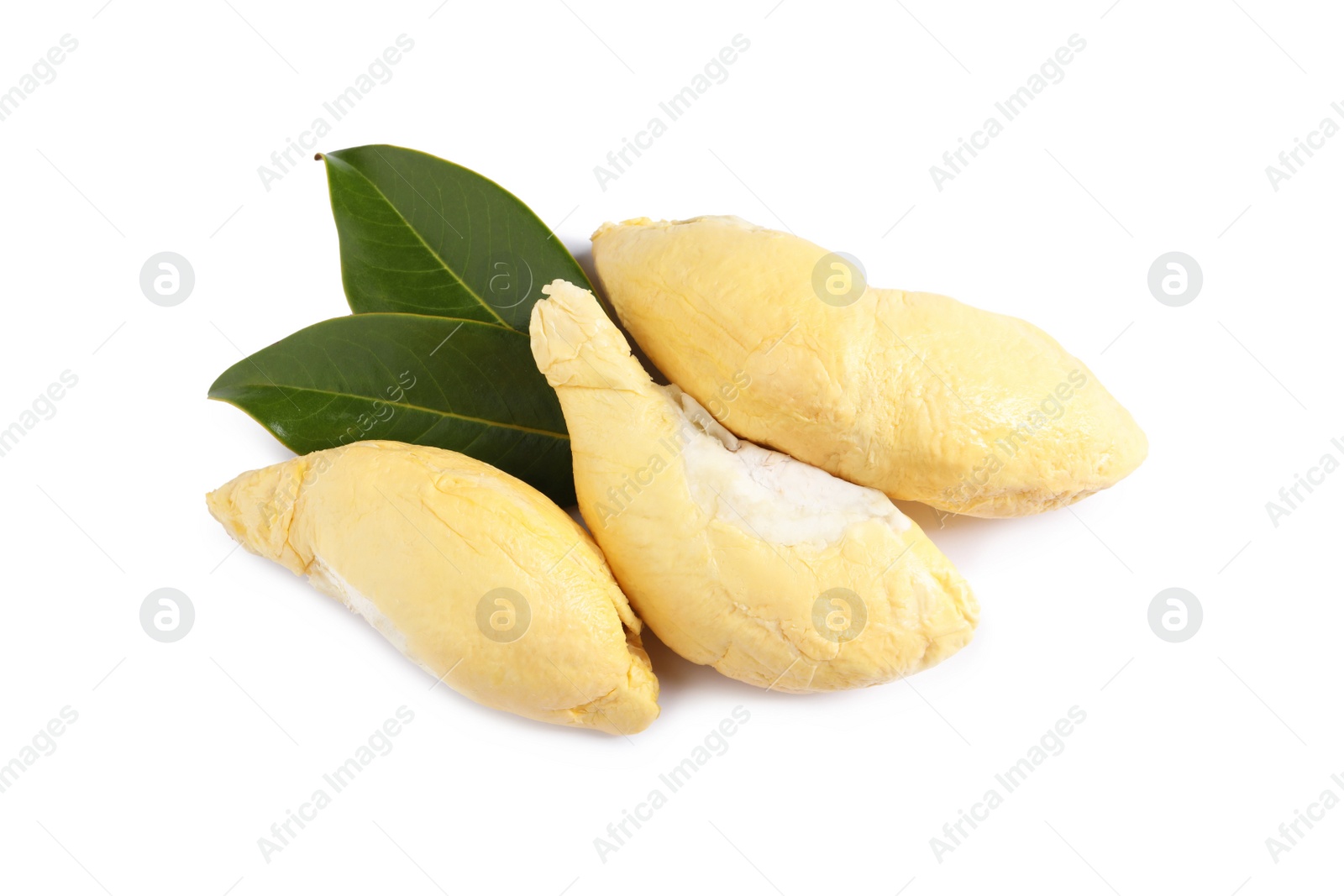 Photo of Pieces of fresh ripe durian and leaves on white background, top view