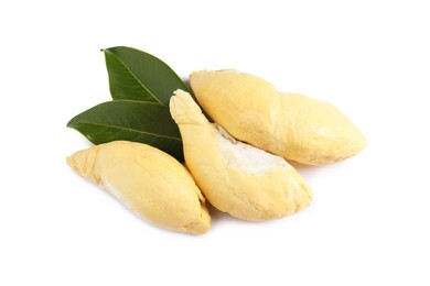 Pieces of fresh ripe durian and leaves on white background, top view