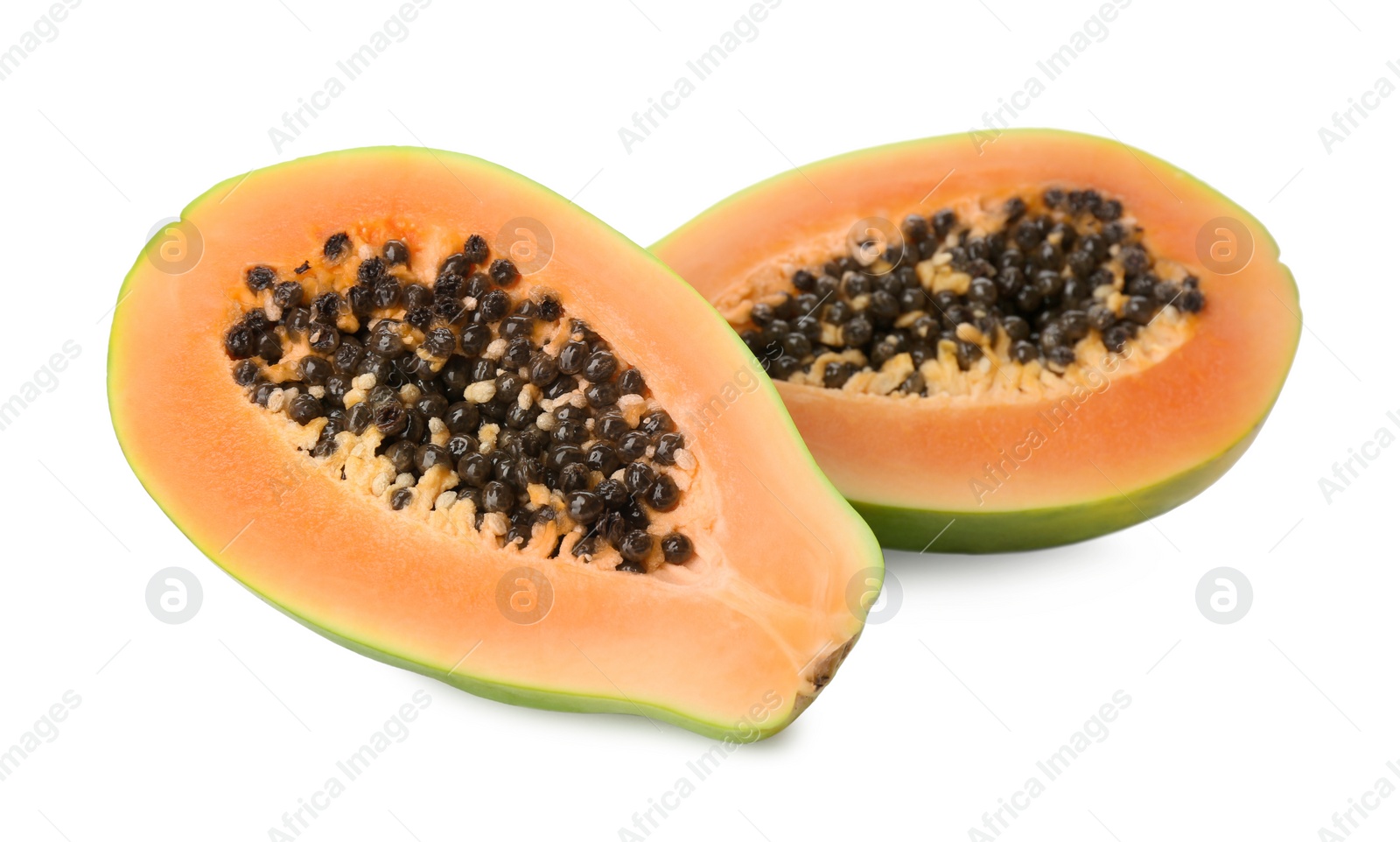 Photo of Fresh halved papaya fruit on white background