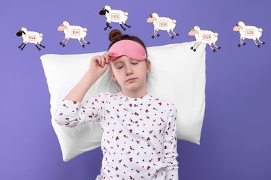 Image of Insomnia. Girl with pillow and blindfold counting to fall asleep on purple background. Illustrations of sheep with numbers running above her