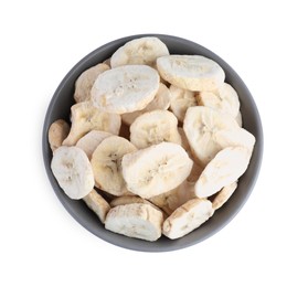 Photo of Freeze dried bananas in bowl on white background, top view