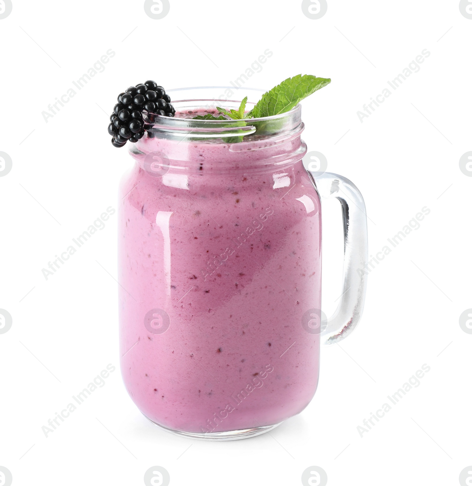 Photo of Delicious blackberry smoothie in mason jar on white background