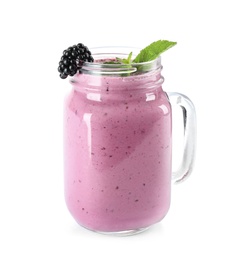 Photo of Delicious blackberry smoothie in mason jar on white background